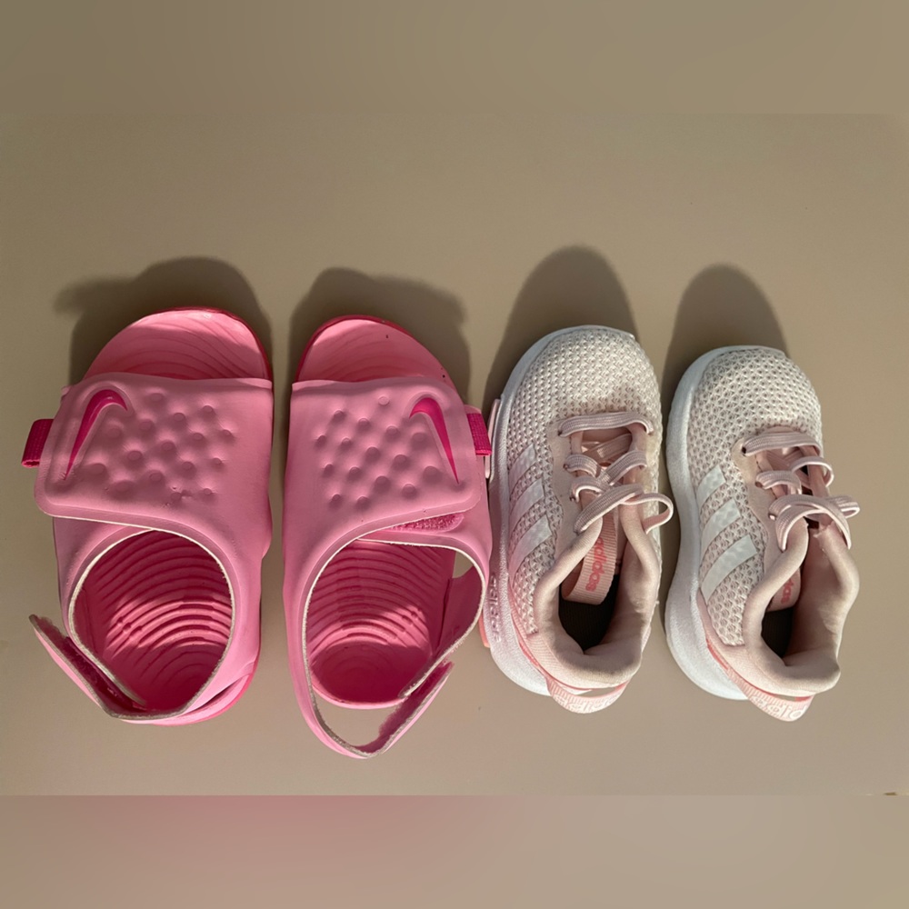 Baby girl pink Nike sandals and Adidas sneakers size 5c and 4